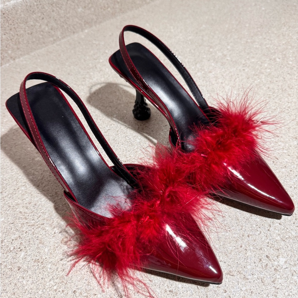 Elegant Burgundy Feathered Women's Heels